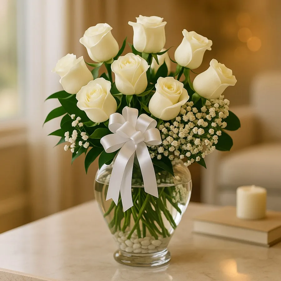 11 Weiß Rosen in einer Herzvase