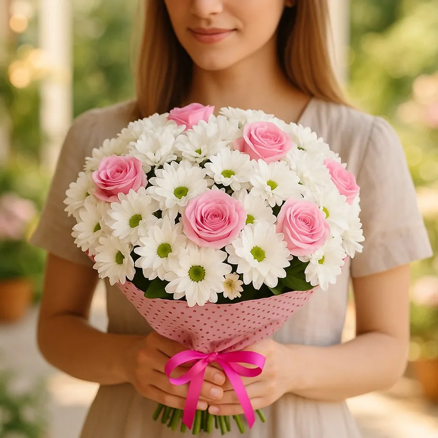 9 Rosa Rosen und Chrysanthemen
