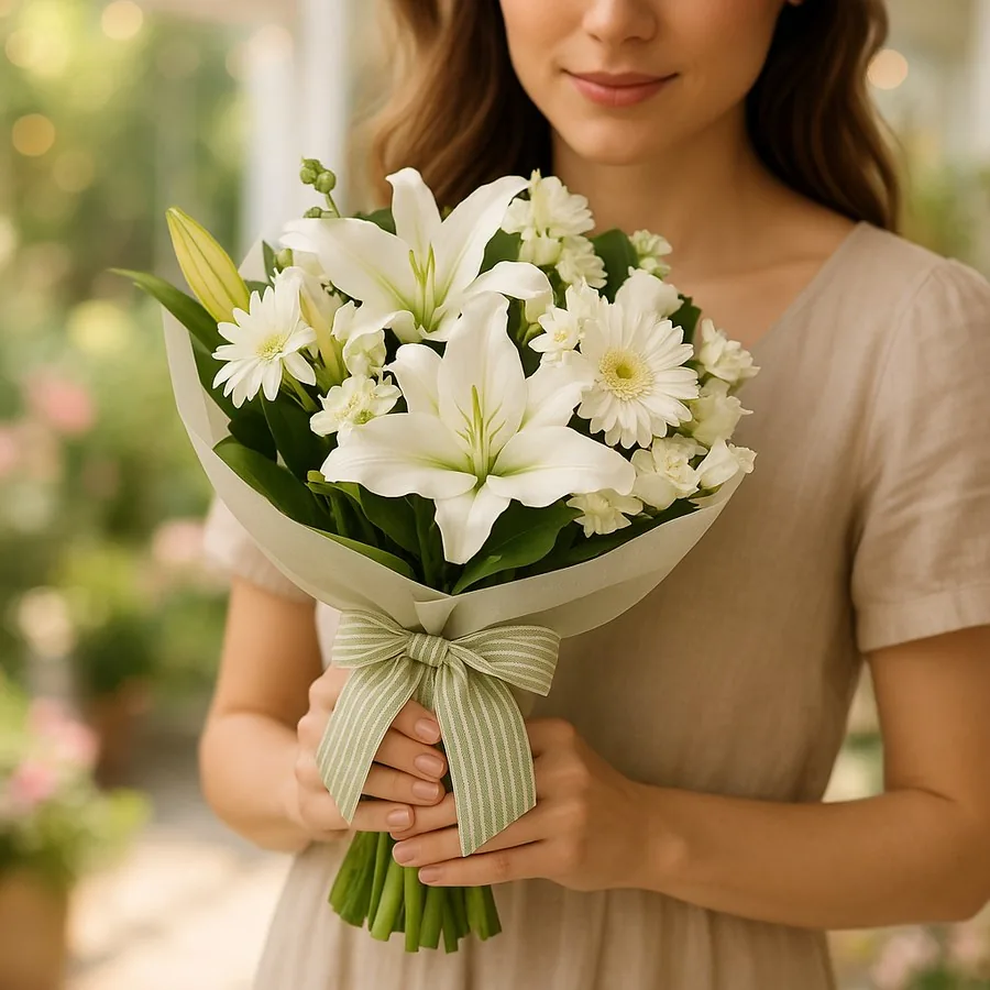 Weiß Gerbera und Chrysanthemen und Casablanca-Lilie