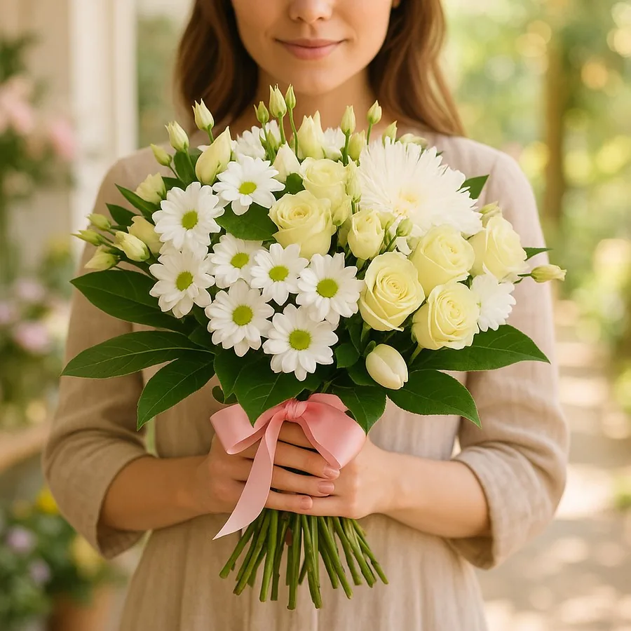 Weiß Chrysanthemen und Weiß Rosen